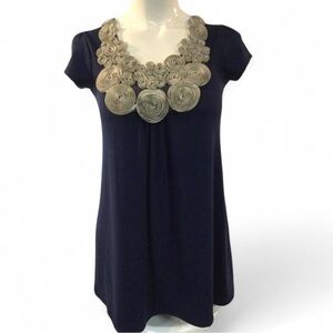 Navy Blue Dress w/ Ivory Rose Embellishment